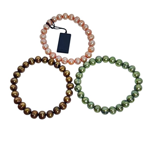 Set OF 3 Honora Freshwater Pearl Stretch Bracelets Brown, Green And Peach (5956) - Picture 3 of 3
